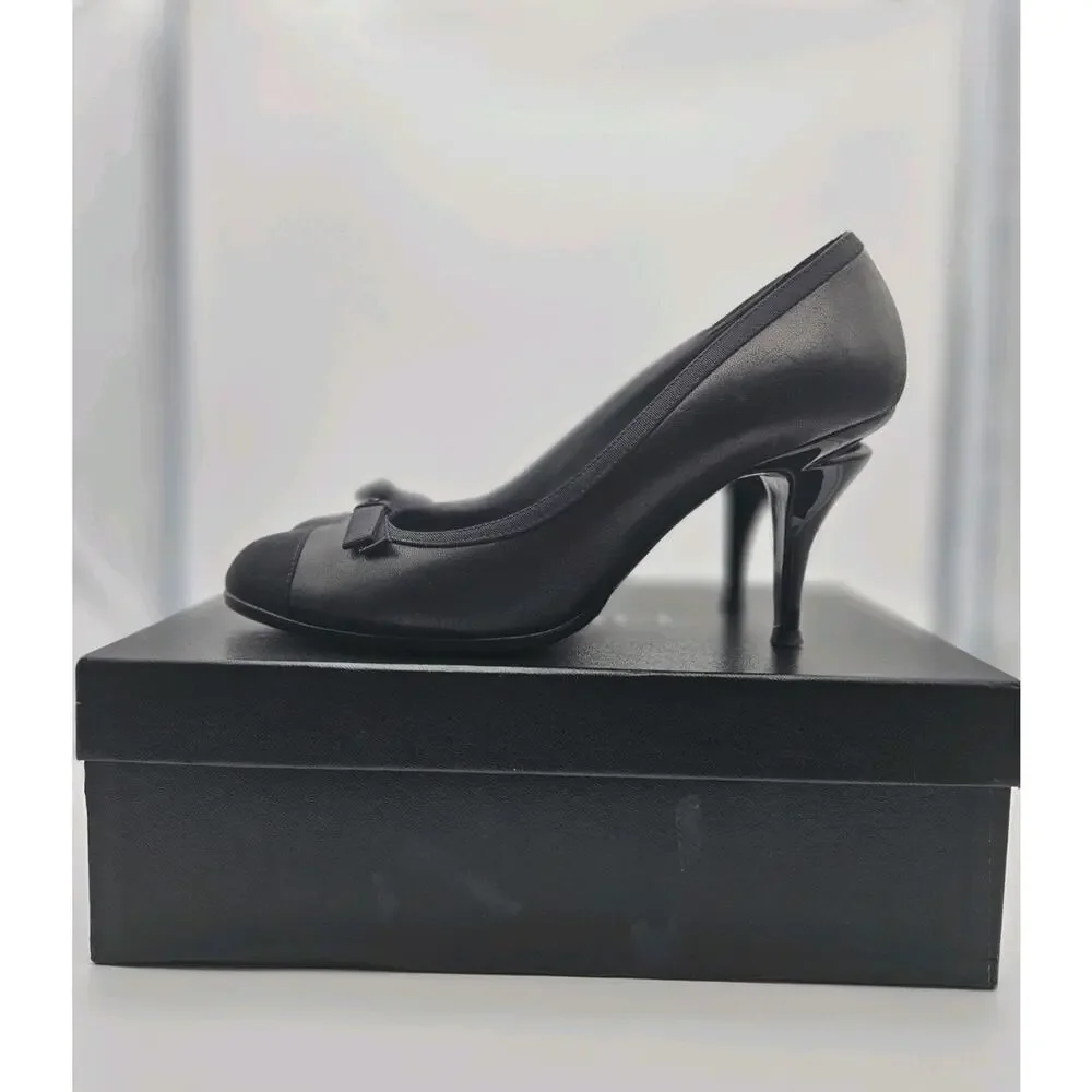 CHANEL Black Bow CC Logo Round Cap Toe Pump sz 39.5 Karl Lagerfeld Collection